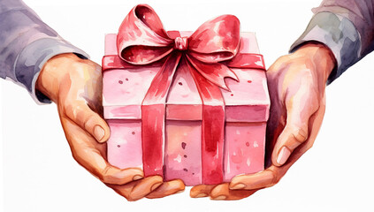 Gift box in the hands watercolor painting on white. Pink gift box in men's hand. Hands holding a gift box with a surprise. The concept of Thanksgiving. Modern design of greeting card, postcard, poster