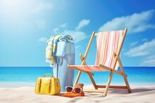 Deck Chair And Beach Accessories On Blue