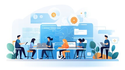 Scene depicting a team of developers working on mobile app development, coding for iOS or Android platforms