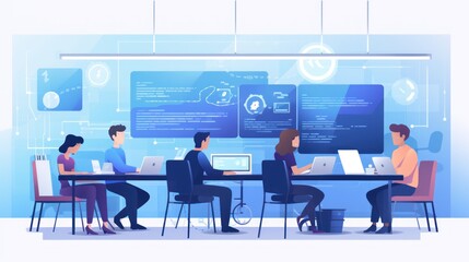 Scene depicting a team of developers working on mobile app development, coding for iOS or Android platforms