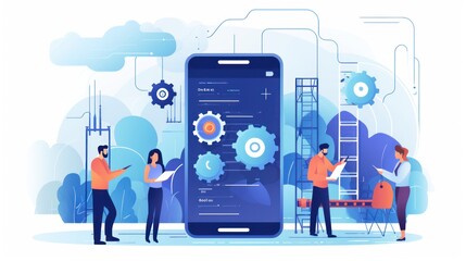 Scene depicting a team of developers working on mobile app development, coding for iOS or Android platforms
