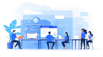 Scene depicting a team of developers working on mobile app development, coding for iOS or Android platforms
