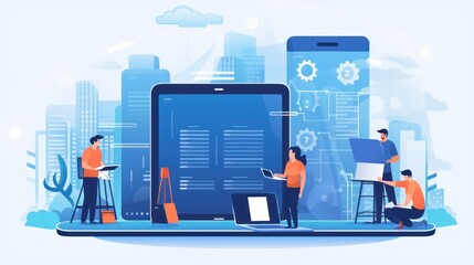 Scene depicting a team of developers working on mobile app development, coding for iOS or Android platforms
