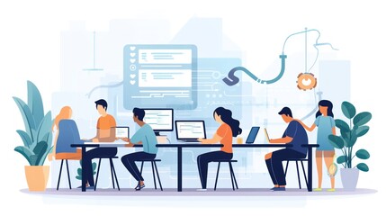 Scene depicting a team of developers working on mobile app development, coding for iOS or Android platforms
