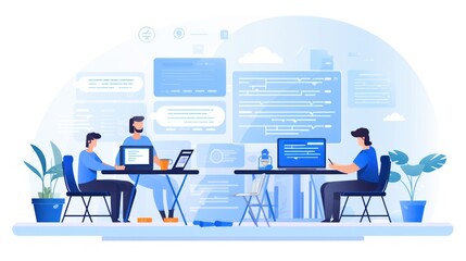 Scene depicting a team of developers working on mobile app development, coding for iOS or Android platforms