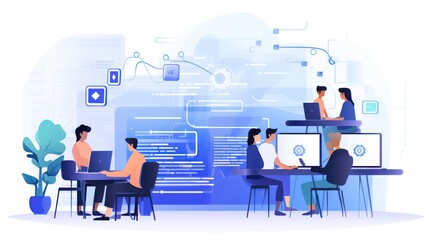 Scene depicting a team of developers working on mobile app development, coding for iOS or Android platforms