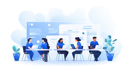 Scene depicting a team of developers working on mobile app development, coding for iOS or Android platforms