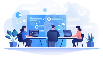 scene depicting a team of developers working on mobile app development, coding for ios or android pl