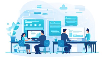 Scene depicting a team of developers working on mobile app development, coding for iOS or Android platforms