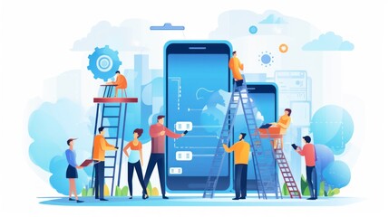 Scene depicting a team of developers working on mobile app development, coding for iOS or Android platforms