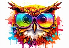 A Cute Multicolored Owl With Glasses Is Painted With Watercolors. Close Portrait Of Eagle-owl With Paint Splashes. Digital Art. Printable Design For T-shirt, Bag, Postcard, Case And Other Products.
