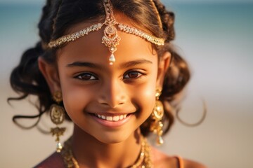 Wall Mural - Lifestyle portrait of an Indian child female wearing bindi and traditional jewelry in a beach 