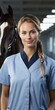 © 22_monkeyzzz - Woman veterinarian stands in the stable, next to the horse. Generative AI