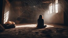 A Girl Sits In Front Of A Bright Window In A Dark Abandoned Room With A Huge Cobweb All Over The Wall, The Back Light