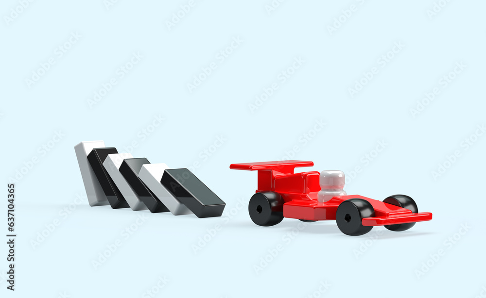 Red wooden racing car, toy car and domino cubes. 3d render on the theme ...