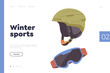 Winter sport equipment landing page template with helmet and goggles for skiing snowboarding design