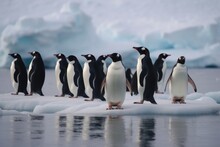 Penguins Standing On Top Of An Iceberg In The Antarctic