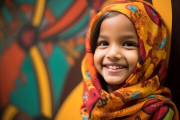 Wall Mural - Portrait of a cute little girl wearing a headscarf.