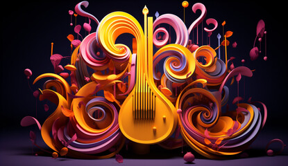Wall Mural - modern multicolor music background with abstract structure and musical notes, futuristic and surreal sound sculpture with curved shapes
