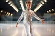 Cute little boy in white sportswear on ice skating rink