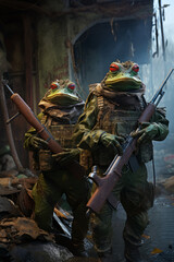 Wall Mural - Frog soldiers in a flooded post-apocalyptic city