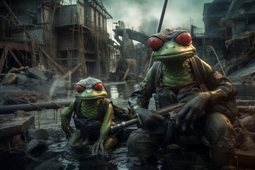 Wall Mural - Frog soldiers in a flooded post-apocalyptic city