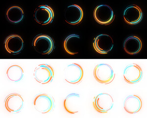 Poster - vibrant neon circle elements, isolated on black and transparent png background for easy overlay laye