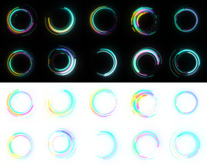 Poster - neon circle graphic elements, isolated on black and transparent png background for easy overlay laye