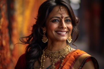 Beautiful indian woman in saree on the street at sunset