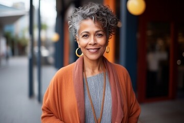 Wall Mural - Portrait of smiling senior woman standing in street at the coffee shop