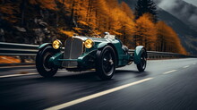 Vintage Car On Wet Highway In Autumn - AI Generated