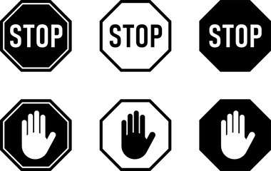 Sticker - Icon Set of Black Stop Sign and Stop Hand Adblock Octagonal Symbol. Vector Image.