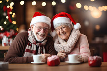 Elderly Couple Enjoying A Cup Of Hot Cocoa And Sharing Stories , Christmas  