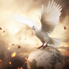 Wall Mural - Global peace concept, a white dove holding an olive branch, with planet earth