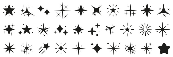 Poster - Sparkle shine star icons collection. Set of black stars icon. Stars sparkle icons for decoration design