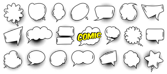 Poster - Cartoon comic speech bubble collection. Set of comic speech bubble with halftone. Cartoon cloud collection. Comic speech bubble frame