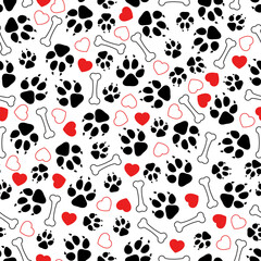 Canvas Print - Dog footprints seamless pattern. Pets prints, dogs or kittens background. Puppy foots, hearts and bones fabric vet print decent vector template