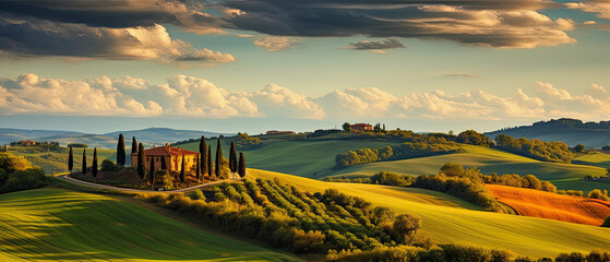 generative ai illustration of a typical landscape of tuscany with green fields and cloudy sky