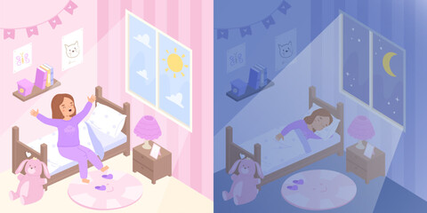 Canvas Print - Girl sleep and wake up. Early morning and night dream. Little kid in bed, relax and healthy daily schedule. Cute cartoon child in bedroom snugly vector scene