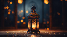 Luminous Tradition. A Lantern, Softly Lit By A Candle, Traditional Customs Observed During Ramadan Kareem. Wallpaper Banner With Copy Space. 