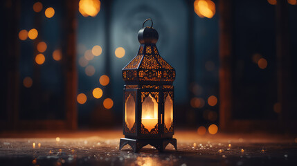 Luminous tradition. A lantern, softly lit by a candle, traditional customs observed during Ramadan Kareem. Wallpaper banner with copy space. 