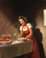 Minimalistic retro postcard of happy woman in red dress, cooks food and serve a table in pin up style