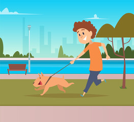 Wall Mural - Dog walking. outdoor background happy boy walking with dog KW vector cartoon template