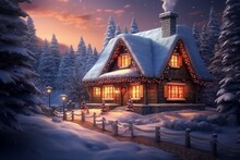 House In Winter In The Style Of A Holiday Card. Merry Christmas And Happy New Year Concept. Background