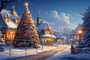 Christmas tree postcard in the courtyard of a snow-covered house in winter. Merry christmas and happy new year concept