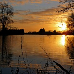 Sticker - Tranquil lake reflecting the beautiful hues of a sunset sky.