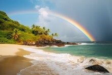 A Beach With A Rainbow And A Stormy Sky.