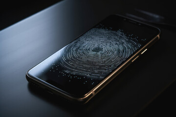 Wall Mural - A black smartphone with a curved edge and a white fingerprint scanner on the screen on a black surface with a reflection