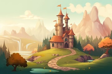 Wall Mural - A castle on a hill in a beautiful landscape. The image depicts a serene and scenic view.