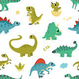 Fototapeta Dinusie - Dino seamless pattern, dinosaurs happy fabric cartoon print design. Cute dinosaur surface, adorable childish characters classy vector background